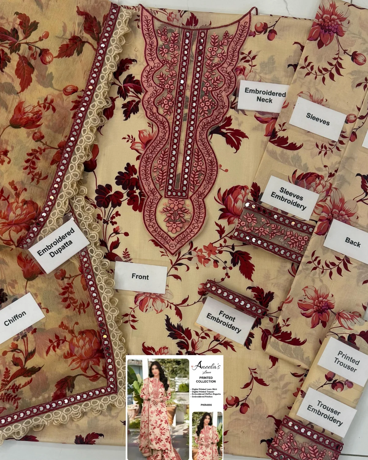 3Piece Lawn Aneela’s Embroidered Suit