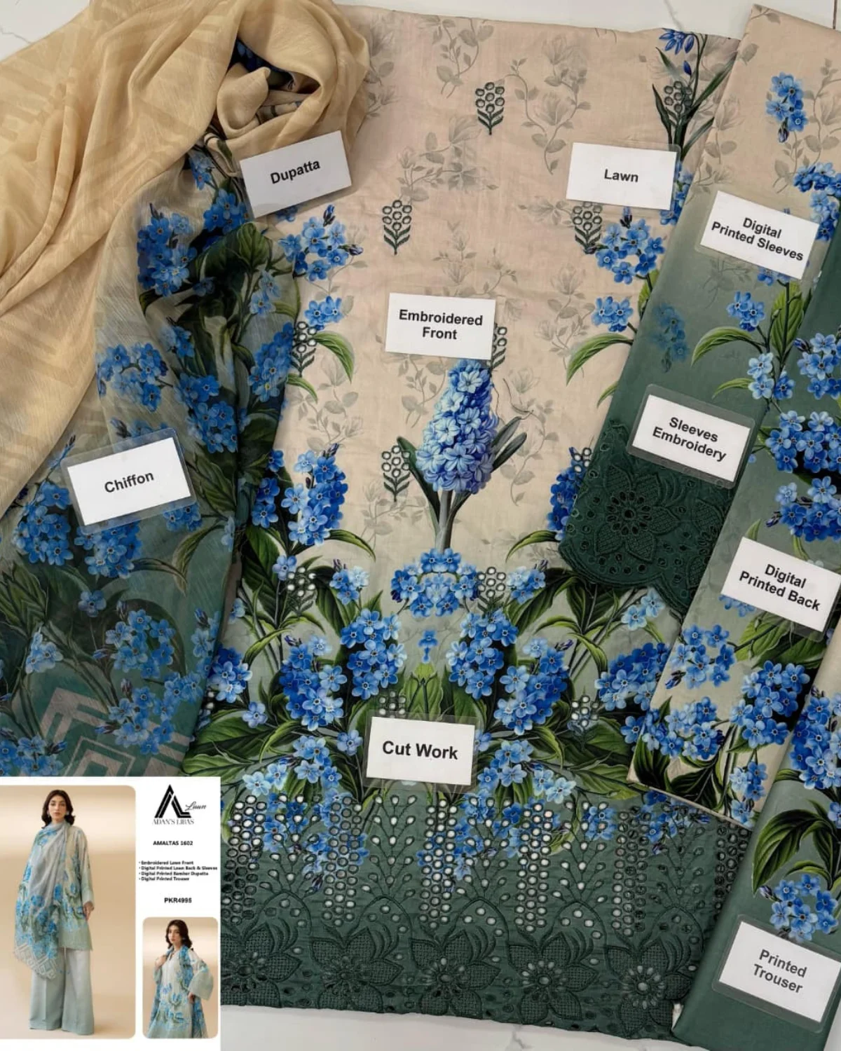 3Piece Lawn Adan Libas Printed Suit